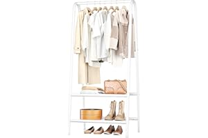JOISCOPE Portable Metal Small Garment Rack, Sturdy Clothing Rack with Double Layer Shelf for Storing Clothes, Shoes, Suitable for Bedroom, Office, Living Room, 24.4 * 13.8 * 62Inches, White