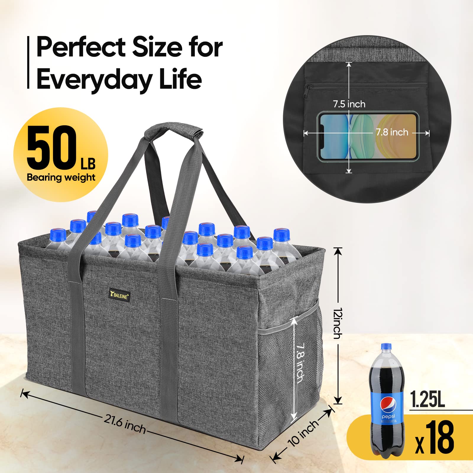 Extra Large Utility Tote Bag with Wire Frame for Storage (Gray, 22''x12''x10'')
