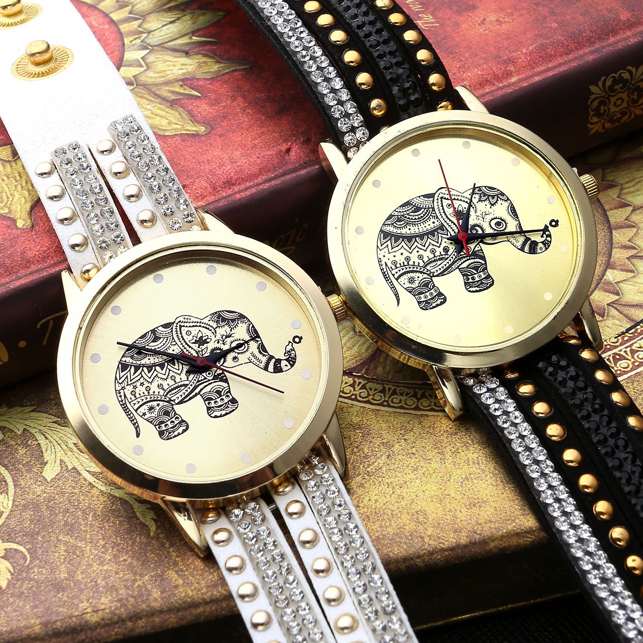 JSDDE Mode éléphant de Rivet Montre Bracelet Femme Quartz Tressé Winding Wrap Montre, Blanc