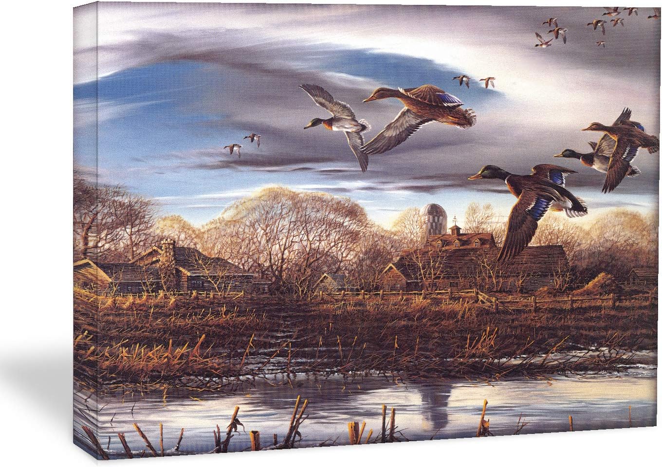 Paintings - Looife Vintage Rustic Oil Painting Canvas Wall Art, Large 48x36 Inch Ducks Flying Over Lake Rural Life Scene, Fall Wall Decor for Living Room, Bedroom and Hotel
