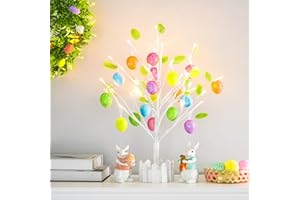 Yumhum 24" Pre-lit Lighted Easter Egg Tree with 18 Hanging Easter Egg Ornaments 28 LED Light Indoor Battery Operated Timer Function Table Decor for Home Party Holiday Spring Decoration Easter Party