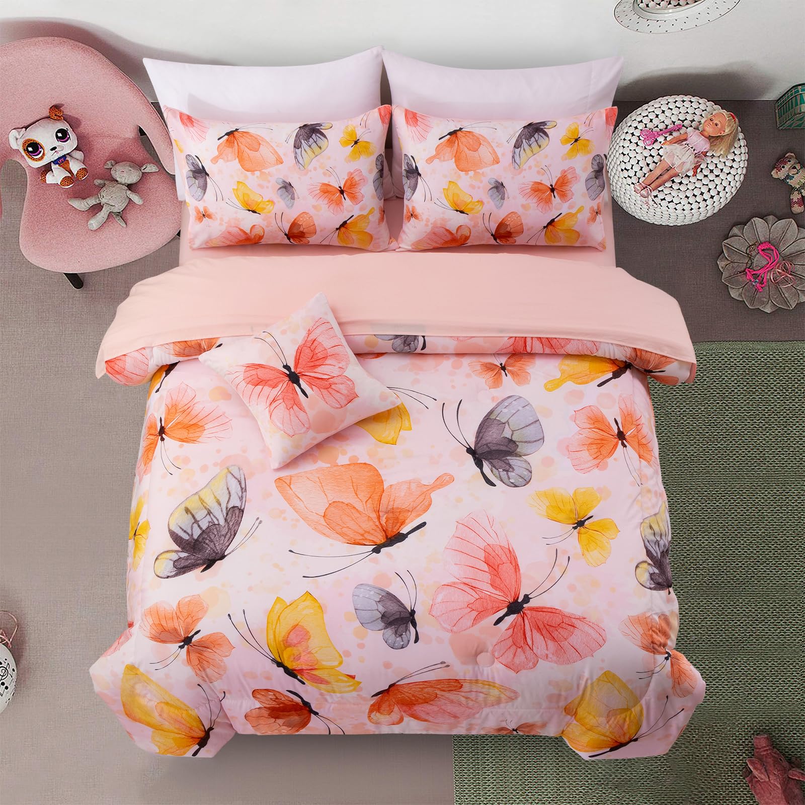 A Nice Night 6pcs Bed in A Bag Watercolor Ink Wash Tie-Dye Butterfly Printed, Butterflies Bedding Comforter Set, Orange Queen Image