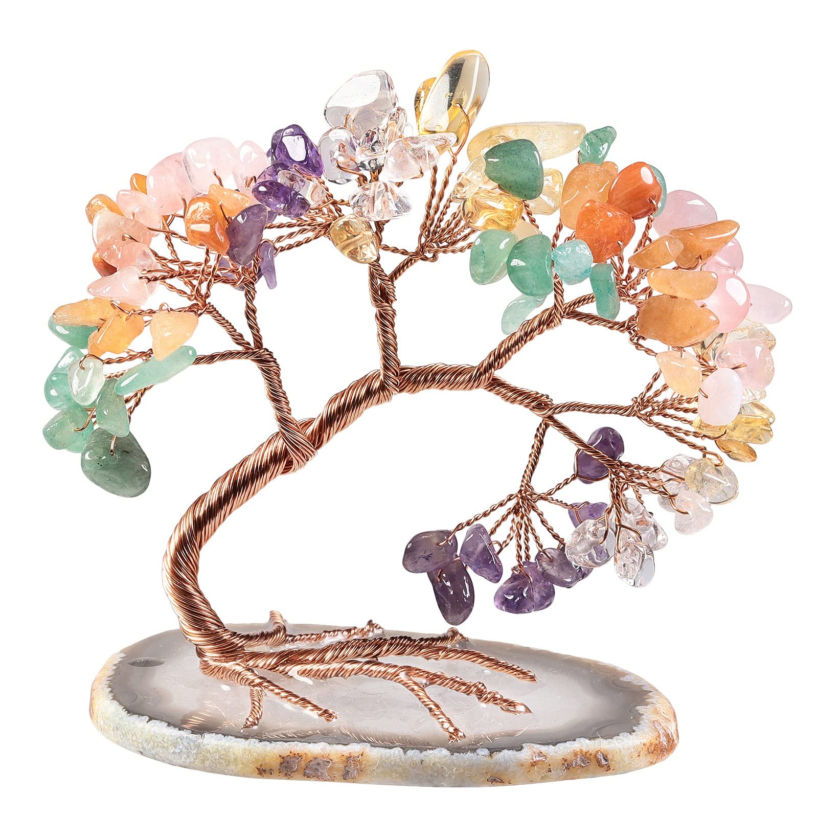 KYEYGWO Rainbow Crystal Money Tree FengShui Bonsai Figurines with Agate Slices Base, Crystal Tree Home Office Ornament for Good Luck and Wealth, 3-4 inches Tall