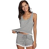GYS Bamboo Viscose Pajamas for Women, Ultra Soft Summer Tank Top and Shorts Sleepwear Set with Lace Trim
