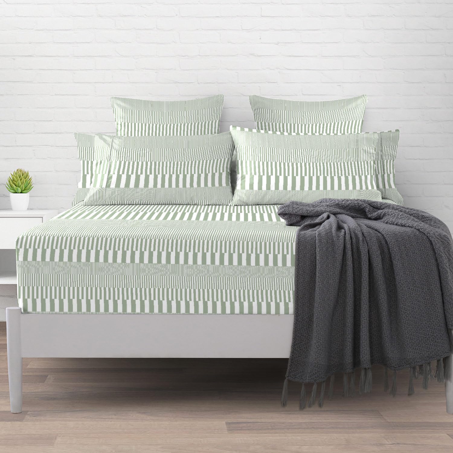 Pizuna Cascade Stripe Green Print Fitted Sheet Small Single 1 Pc, 400 thread Count 100% Long Staple Sateen Cotton Single Printed Bed Sheets 80x200 of 40 cm Deep Pocket (Printed Cotton Bedding) — image 1