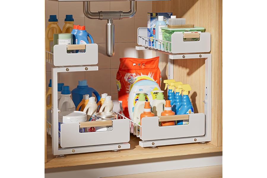 Delamu Under Sink Organizer Kitchen, 2-Tier Pull-Out Cabinet Shelf, 2-Pack | 2-Tier Smooth Slide, 5 Adjustable Heights, Anti-Tip Suction Cups, Sturdy Metal, For Kitchen Bathroom Pantry Laundry, White
