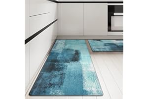 KIMODE KIMDOE Boho Kitchen Rugs and Mats 2PCS Cushioned Anti Fatigue Kitchen Mat Non-Skid Waterproof Kitchen Runner Rug Ergonomic Comfort Foam Standing Mat for Home Decor,Floors,Office,Laundry,Abstract Blue