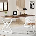 Tribesigns 63 Inch Executive Desk, Large Office Desk with Metal Frame, Ergonomic Writing Desk Computer Workstation, Modern Wood Computer Desk for Home Office, Easy Assembly (Brown+White)