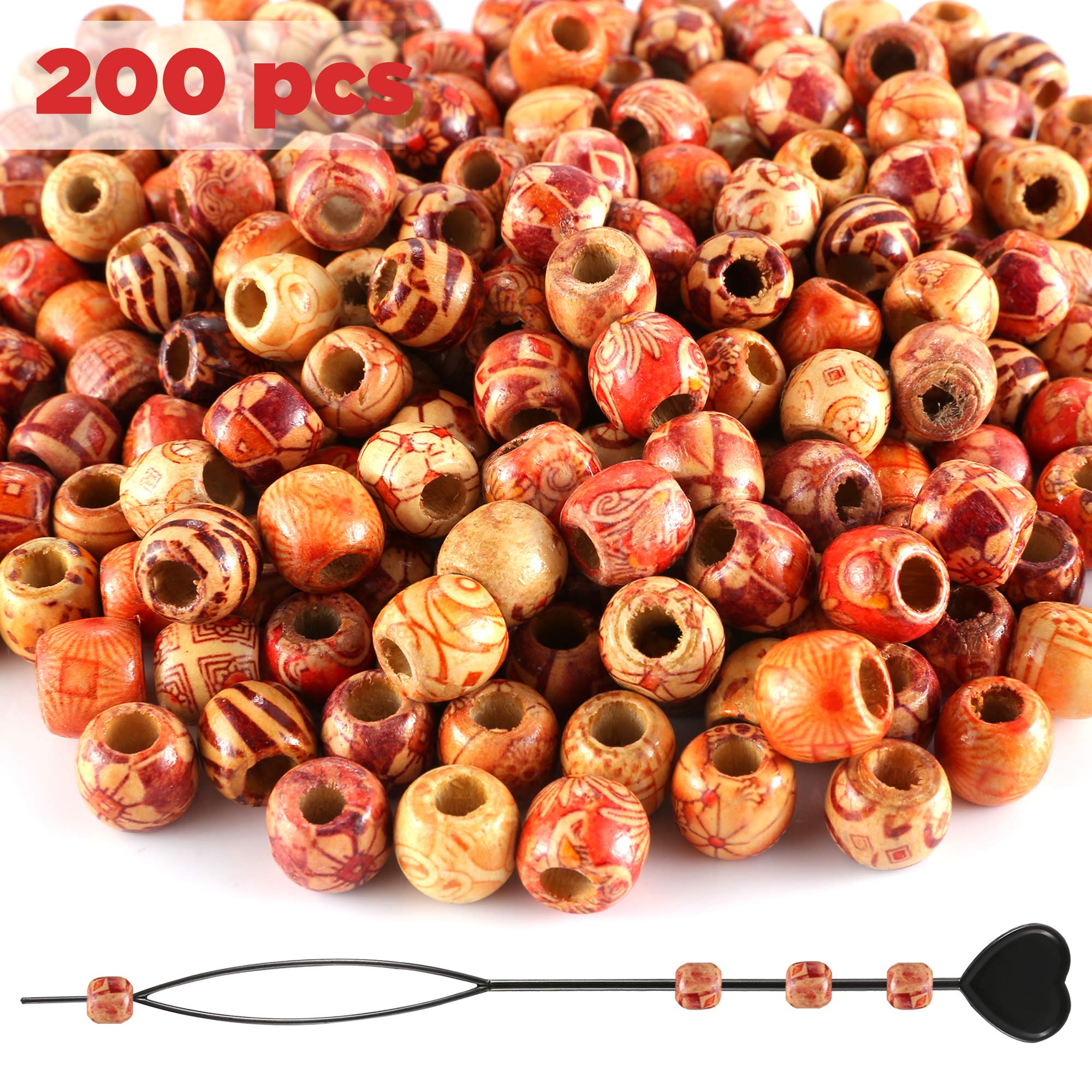 200pcs SOSMAR Round Wood Beads 11x12mm + Hair Braid Tool for Jewellery Making Macrame Projects DIY Necklace Bracelet Dreadlocks Hair Accessories
