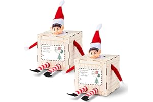 BkeeCten Christmas Elf Wooden Box - 2-Set Santa's Delivery Crate & Name Tag Sticker, DIY Elf on The Shelf Holder for Kids, Holiday Tradition Decoration Gift Under Christmas Tree (Elf Not Included)