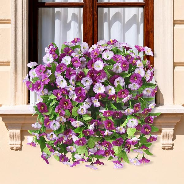 INQCMY ARTIFICIAL FLOWERS FOR OUTDOOR SPRING SUMMER DECORATION FAUX SILK MORNING GLORY FAKE HANGING FLOWERS UV RESISTANT LOOK REAL FOR HOME PORCH (ORCHID-2B)