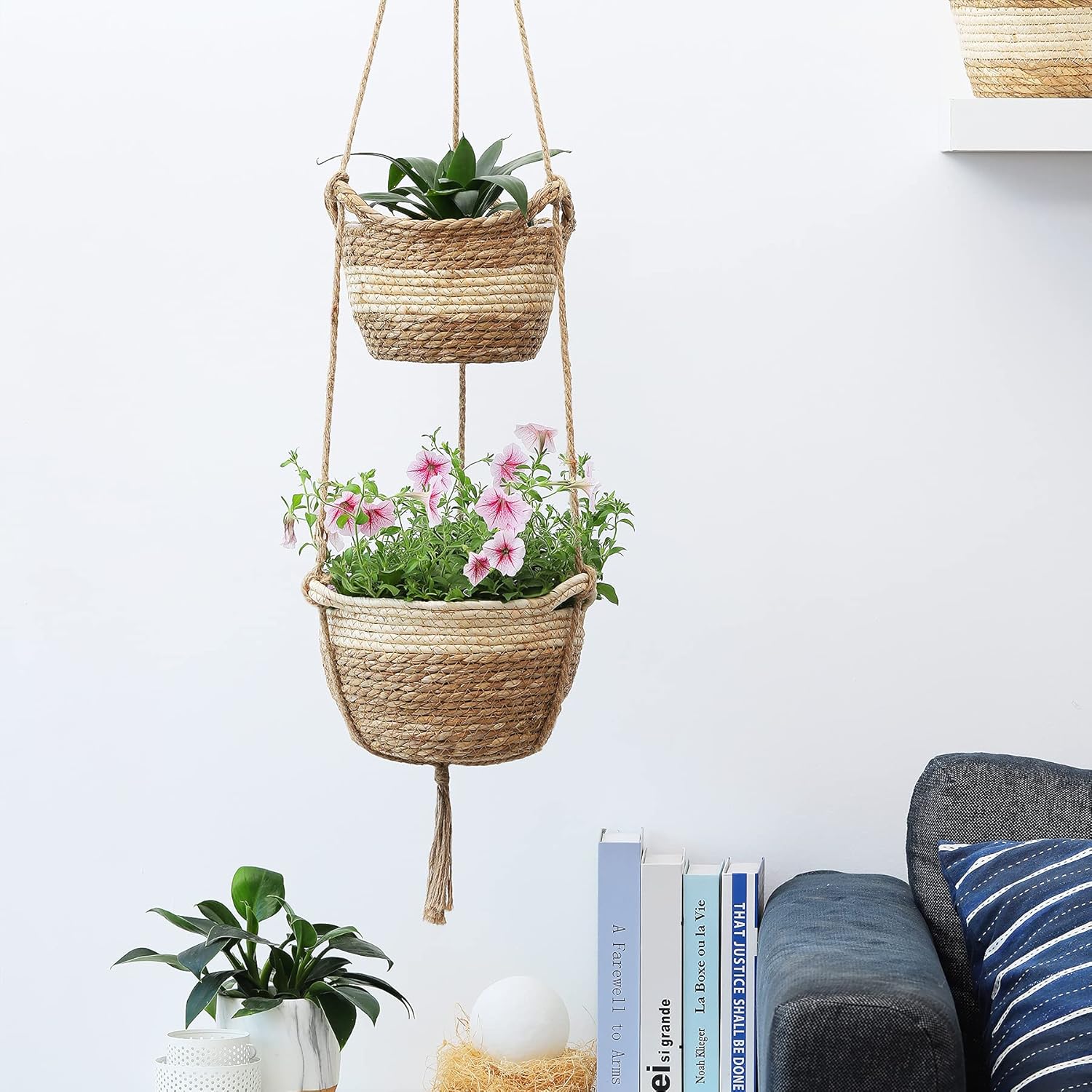 Seagrass Hanging Planters Basket Indoor - Hanging Two Layers Natural Seagrass Basket Flower Pot Holder Containers Storage Organizer with Waterproof Plastic Liner, 53 Inch Long (Brown&Beige): Garden & Outdoor