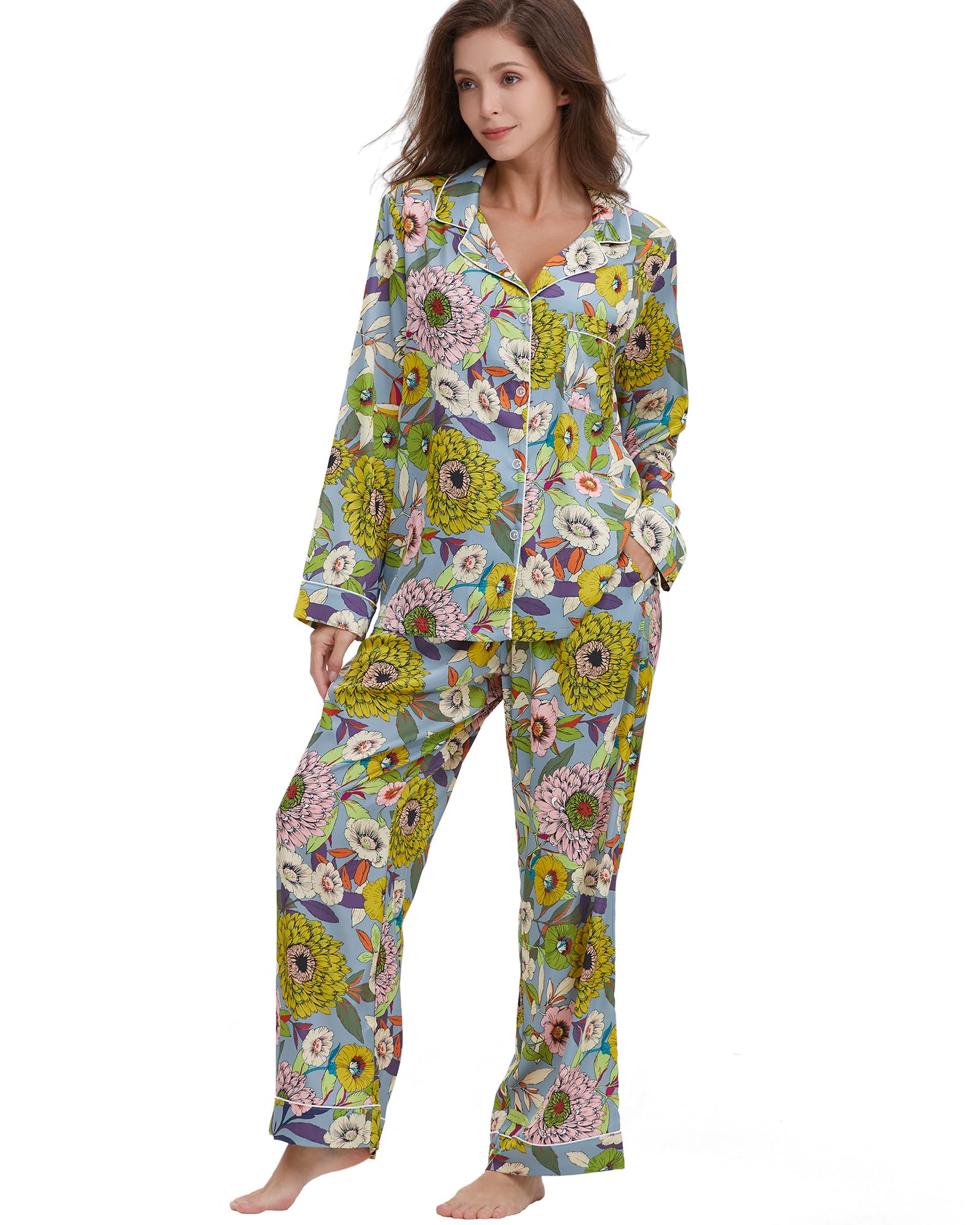 YiNi LuLu Womens Silk Satin Pajamas Set Button Down 2 Piece Pjs Long Sleeve Oversized Sleepwear with Pockets