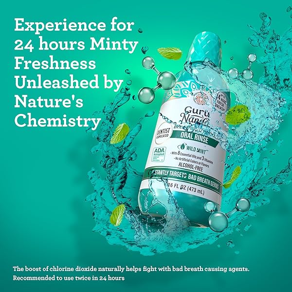 GURUNANDA ORAL RINSE FRESH BREATH MOUTHWASH, ADA-ACCEPTED ALCOHOL-FREE MOUTHWASH, 7 ESSENTIAL OILS & VITAMINS, SLS & FLOURIDE-FREE, WILD MINT, 16 OZ