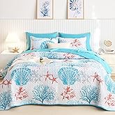 Wake In Cloud - Coastal Quilt Set, Nautical Ocean Beach Themed Tropical Summer Patterned, Reversible Lightweight Bedspread Coverlet, 3 Pieces, Aqua Blue Coral, Twin/Twin XL Size