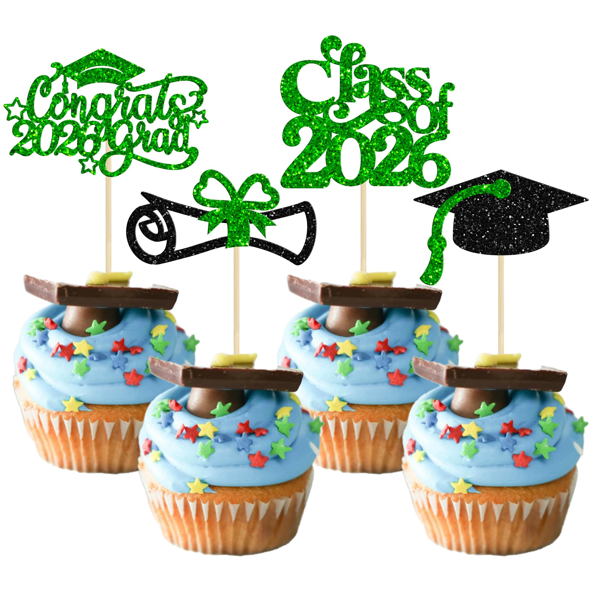 Gyufise 24Pcs Class of 2026 Cupcake Toppers Glitter 2026 Congrats Grad 2026 Cake Decorations Cap Diploma Cupcake Picks 2026 Graduation Theme Party Cake Decorations Supplies Green