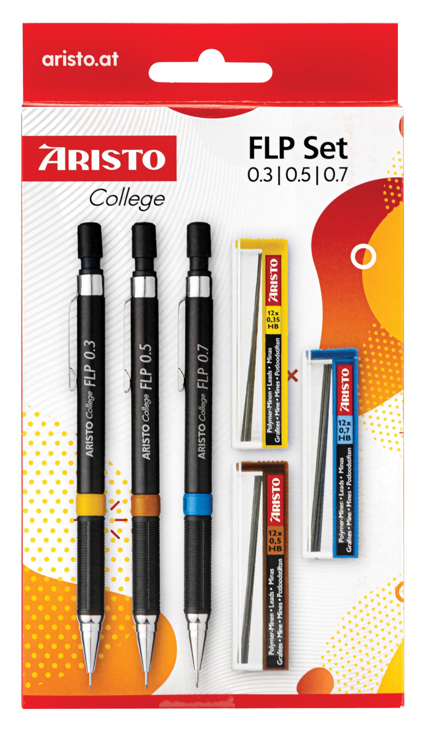 Aristo College FLP AR23559 Mechanical Pencils Set of 3 (Leads 0.35/0.5/0.7 mm, HB Hardness with Refills) Black
