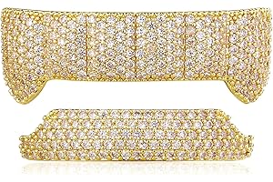 JINAO Grillz Vampire Teeth Grills for Your Teeth Gold Diamond Grillz for Men and Women 14k Gold Plated Iced Out Flat Tooth Cap for Hip Hop Men Rapper Costume