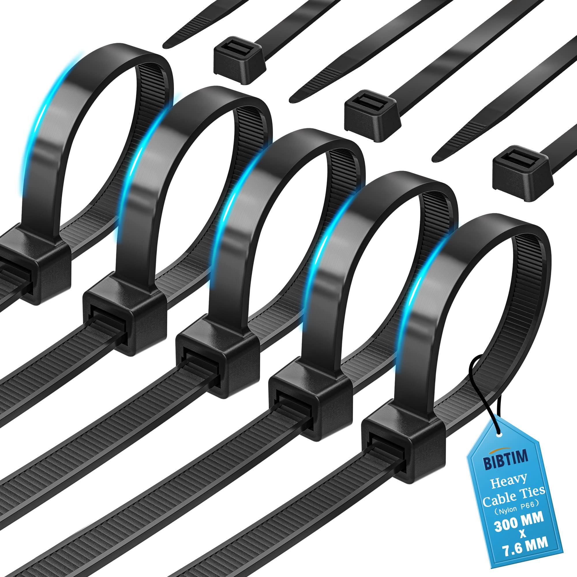 BIBTIM Cable Ties, 300 x 7.6mm, Pack of 100, Premium Nylon Zip Ties, Multi-Purpose Plastic Tie Wraps, Secure Self-Locking Mechanism, for Home, Garden, Office and DIY