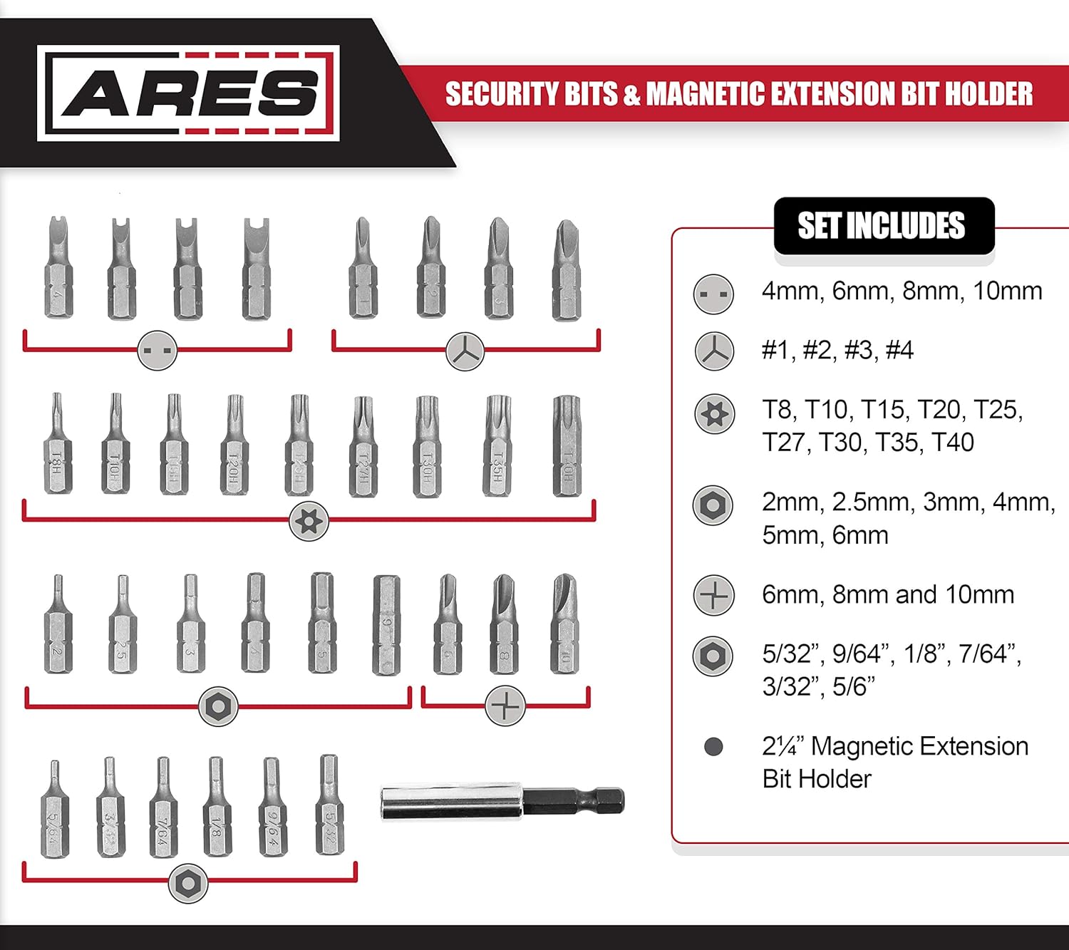 ARES 70009-33-Piece Security Bit Set with Magnetic Extension Bit Holder - Includes Tamper Resistant, SAE Hex, Metric Hex and Star Bits - Torq, Spanner, and Triwing Complete the Anti Tamper Bit Set - - 