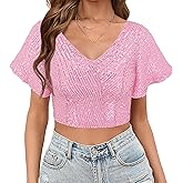 Testudineus Womens Sequin Ruffle Tops Short Sleeve Sparkly Crop Shirt Glitter Concert Disco Party Club Top Tee