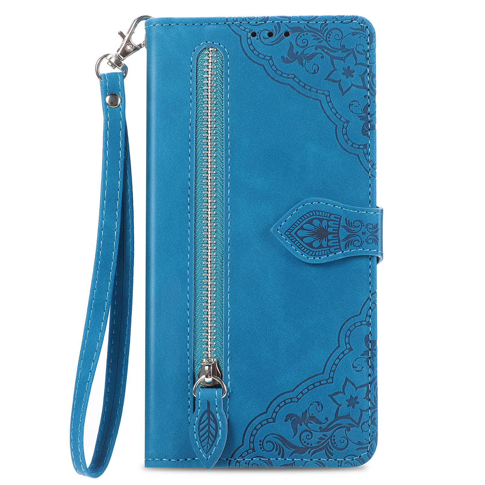 NEXCURIO Zip Wallet Case Compatible with Apple iPhone 14 Pro Max Phone Case Wallet with Credit Card Holder Strap Stand Women Leather Flip Case Floral Folding Cover Shockproof - Blue