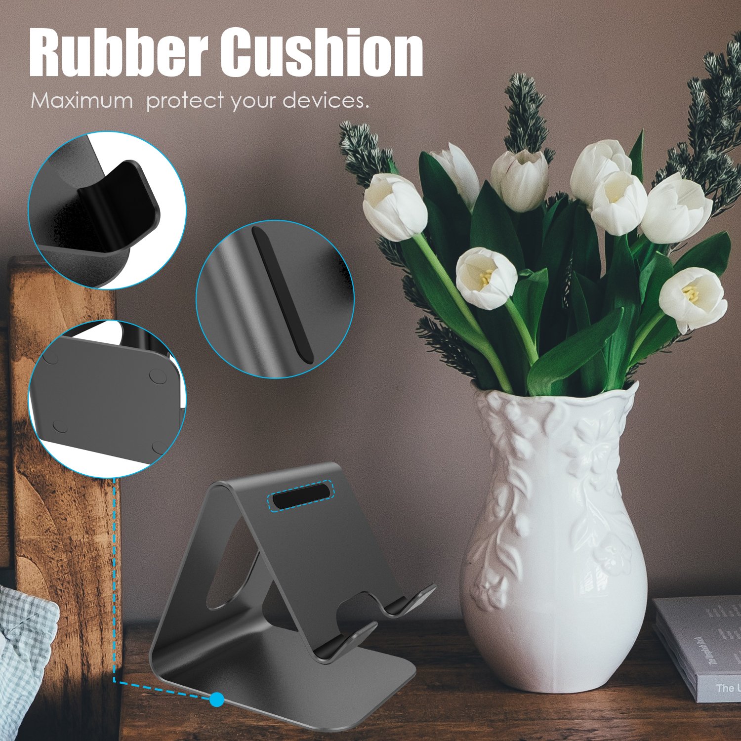 Barsone Cell Phone Stand,Tablet Stand, Universal Desktop Mobile Phone Holder, Aluminium Metal Mobile Phone Tablet PC Stand Table Desk Mount Stand Holder (Updated Black)