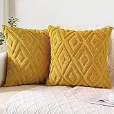 Pallene Spring Mustard Yellow Throw Pillow Covers 18x18 Set of 2, Soft Plush Faux Fur Decorative Couch Pillow Covers for Sofa Bed Living Room Pillow Cases with 3D Diamond Pattern