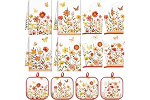 Pickmesh 12 Pcs Fall Flower Kitchen Towels and Oven Mitt Sets 4 Floral Oven Mitts 4 Autumn Dish Towels and 4 Plaid Pot Holders Cooking Accessories for Autumn Thanksgiving Kitchen Decoration