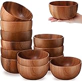 Skylety 5in 8pcs Acacia Wooden Bowls Small Calabash Bowls Round Wood Salad Hand Carved Calabash Dip Tray for Serving Popcorn 