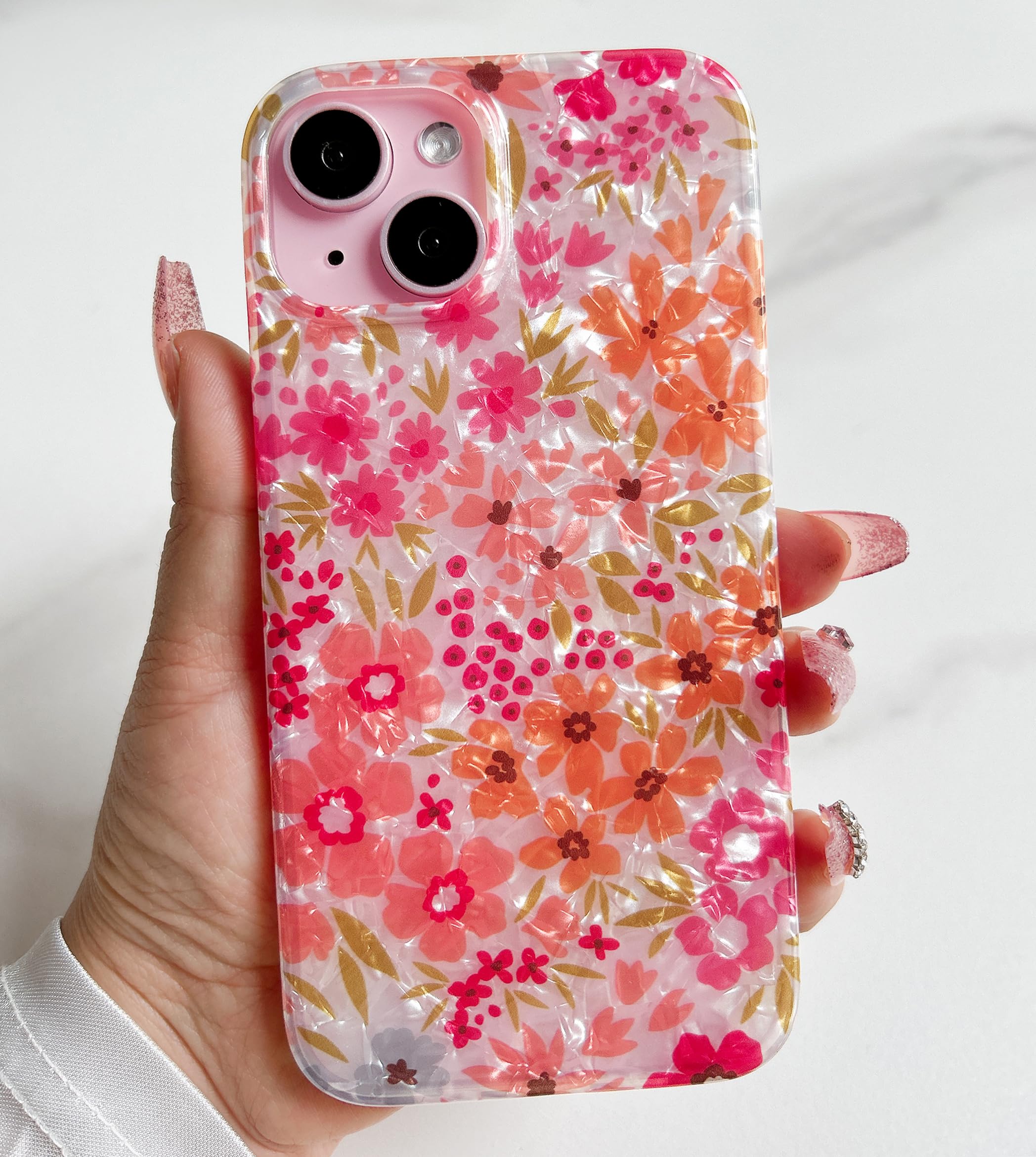Qokey for iPhone 14 Case,for iPhone 13 Case,Cute Flower Case for Girls Women, Shell Pattern Soft Bumper Lightweight Slim Fit Case TPU Shockproof Phone Cover for iPhone 14/13 6.1", Pink Floral - Image 6