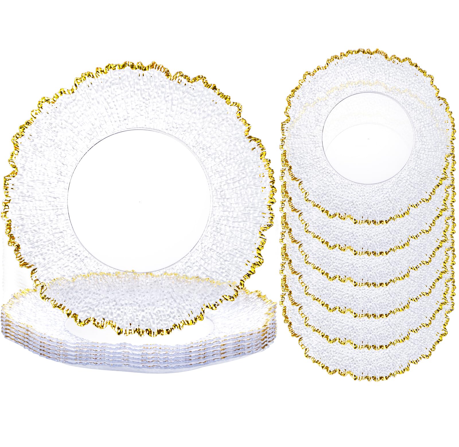 Photo 1 of ***DIRTY*** ejonirinjonir 6pcs Clear and Gold Charger Plates Set 13inch,Gold Chargers Heavy Duty Wave Design,Chargers for Dinner Plates With Textured Suitable for Wedding Afternoon Tea,Spring,Valentine's Day