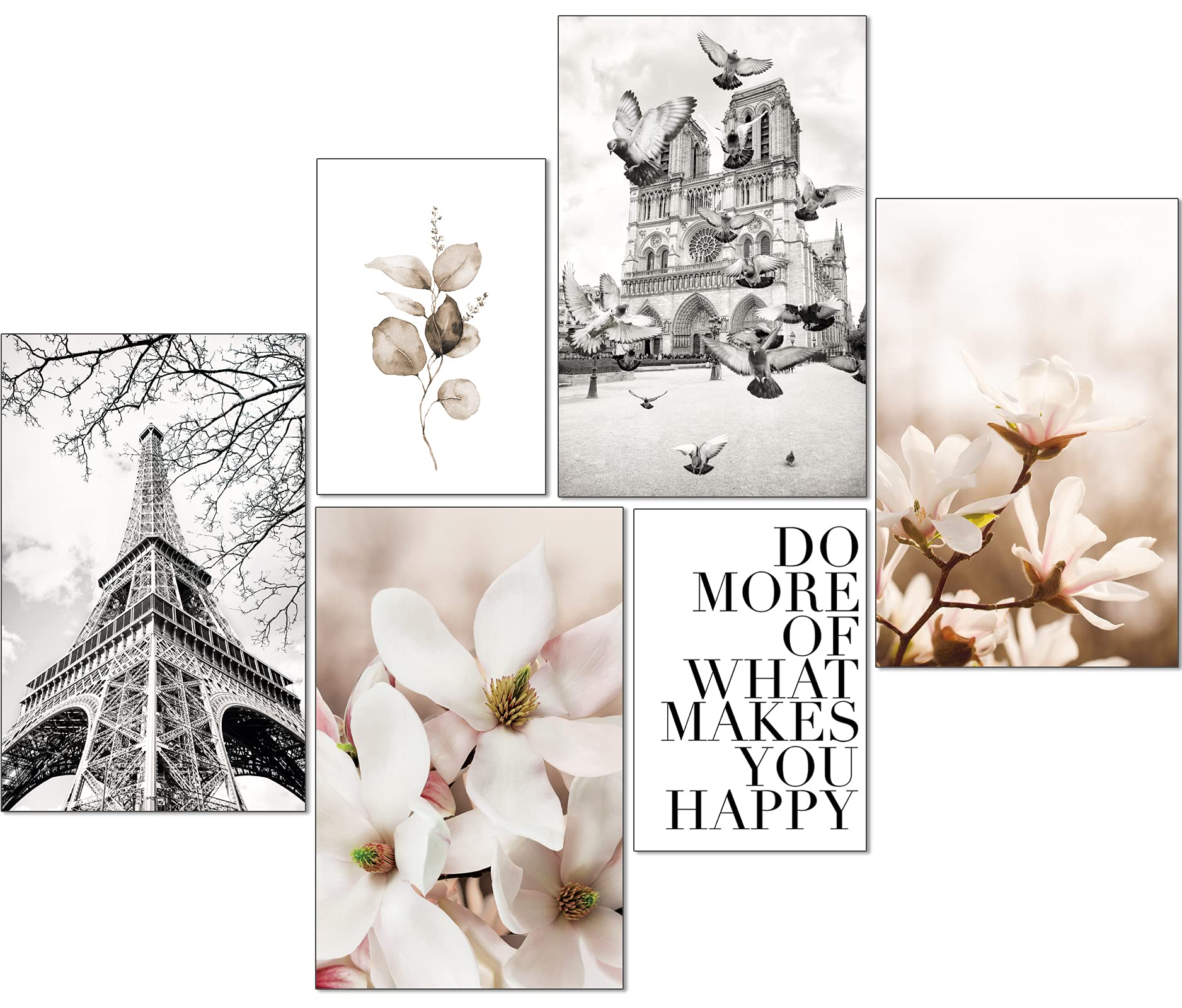 artpin® Modern Poster Set, Living Room Bedroom Decoration, Paris, Flowers, Unframed, 4 x A3 and 2 x A4-W14