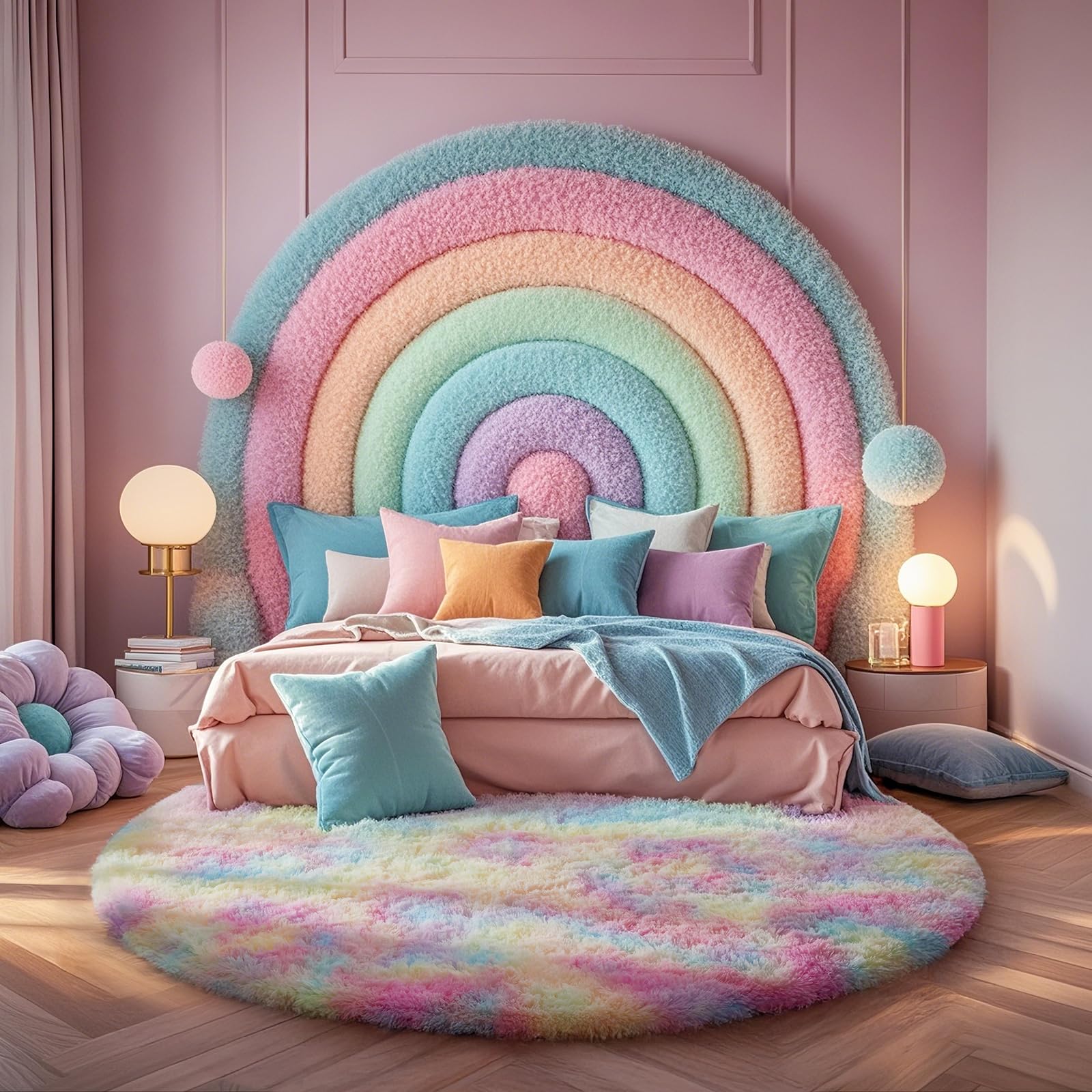 Photo 1 of Ophanie Round Rug 4Ft Rainbow Circle Area Rug, Cute Room Decor for Teen Girls, Fluffy Fuzzy Bedroom Carpet, Plush Soft Shaggy Living Room Rugs for Kids Home Decor Aesthetic, Nursery