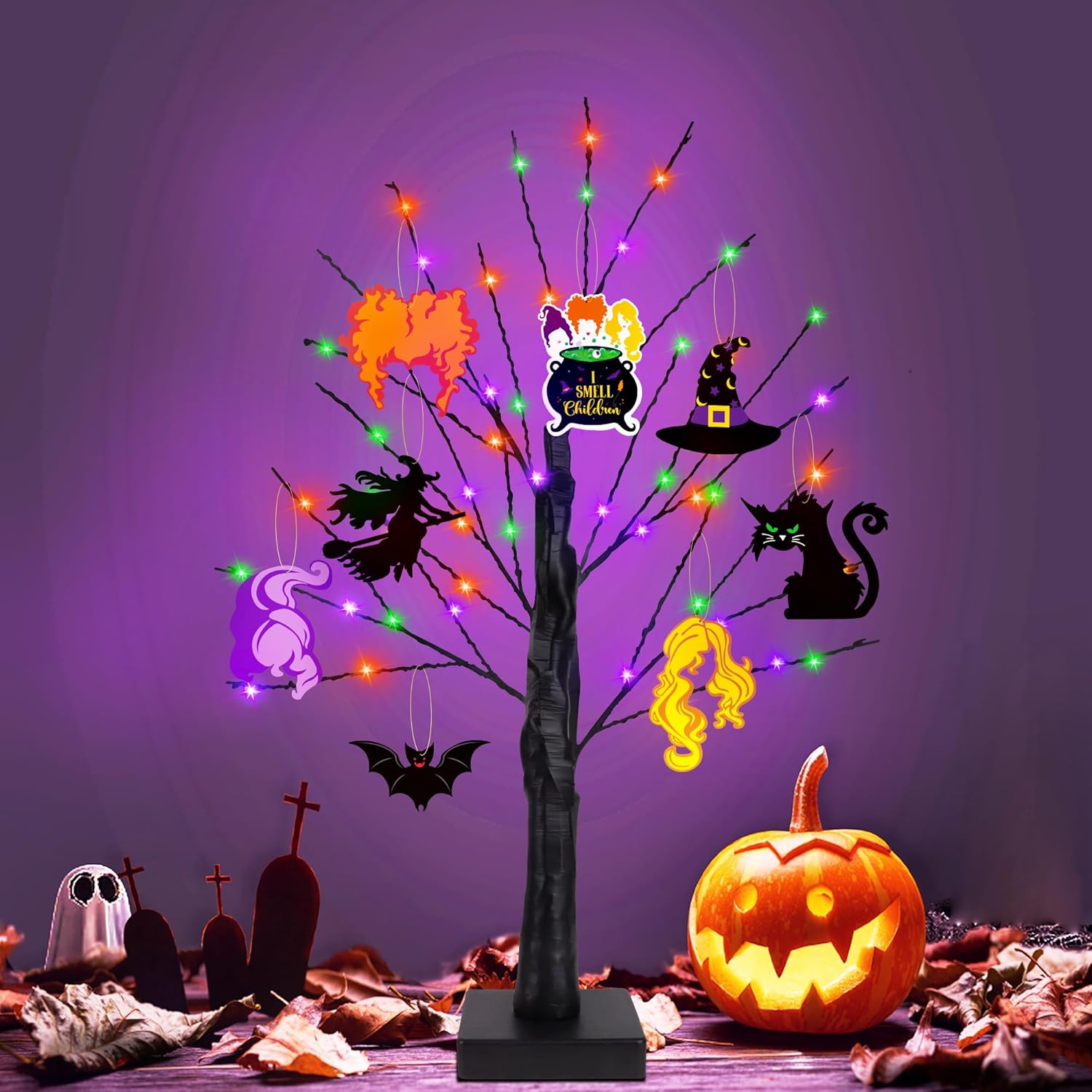 Trees - Halloween Lights Decorations, 24 Inch Halloween Tree Light with Timer 54 Green Orange Purple LED Lights 12 Hocus Pocus Wood Ornaments, USB/Battery Operated Halloween Lighted Tree for Home Party Decor