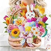 MZD8391 3D Pop Up Easter Flower Basket Card with Music & Lights – Bunny, Eggs, Lily, Tulip, Daisy Bouquet – Envelope Included – Easter Gift & Decoration