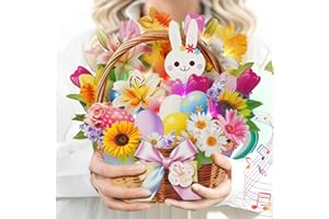 MZD8391 3D Pop Up Easter Flower Basket Card with Music & Lights – Bunny, Eggs, Lily, Tulip, Daisy Bouquet – Envelope Included – Easter Gift & Decoration