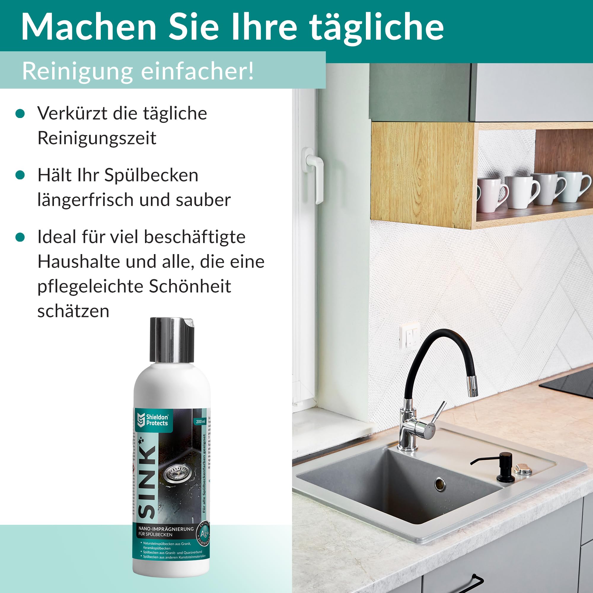 Shieldon Protects Imprägnierung für Granitspülen SINK - Lang anhaltender Schutz mit Nanobeschichtung - Ideal für Blanco Silgranit, Natursteinoberflächen und Konglomerate - 200 ml 7