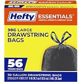 Hefty Essentials 30 Gallon Trash Bags, Black, Unscented, 56ct | 30G Large Black Trash Bags for Garage, Yard Waste, Moving, Donating, Seasonal Clothes Storage, Drawstring Closure
