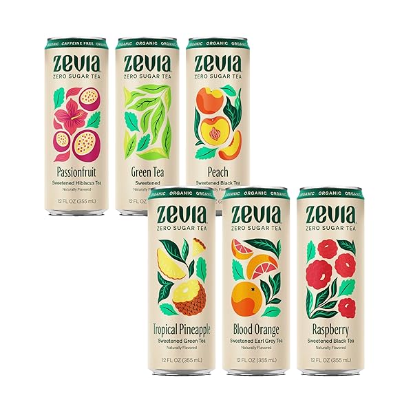 ZEVIA ORGANIC SUGAR FREE ICED TEA, TEA REFRESHER VARIETY PACK, 12 OUNCE CANS (PACK OF 12)