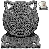 Cute Coasters for Drinks Set of 2, Absorbent Handmade Fabric Drink Coasters for Coffee & Tea -Home Décor Extra Large 4.8 in* 8mm, Protect The Wooden Table Surface (2 Pack-Cat-Ash Gray)