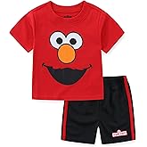 Sesame Street Boys’ Elmo and Cookie Monster Tee and Short Set for Infant and Toddler – Red/Blue