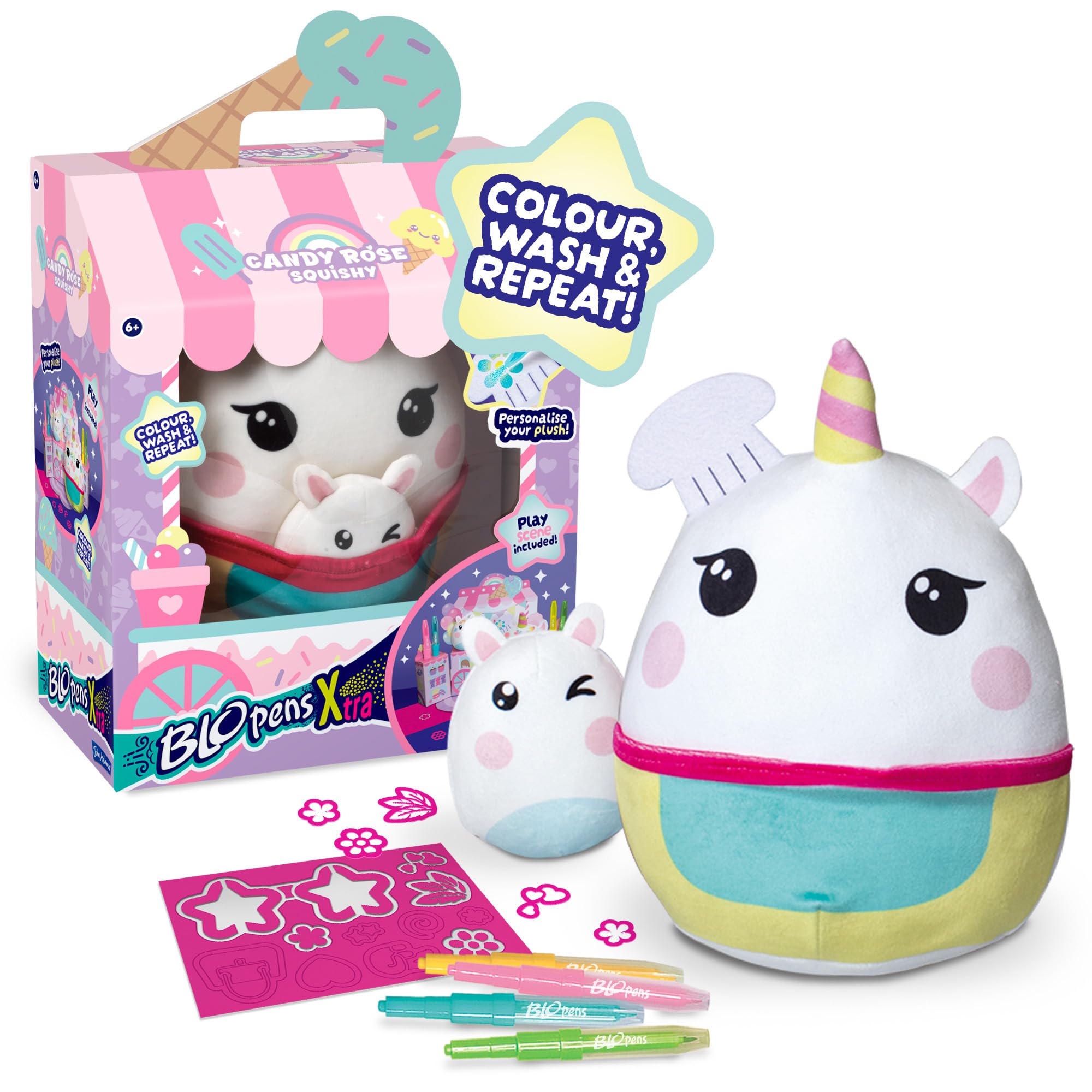 John Adams BLOPENS® Xtra Candy Rose Squishy Plush Toy | Colour Your Own Toy With Airbrush Art & Stencils | Draw, Wash, Repeat | Includes Cardboard Play Scene | Age 6+ | Christmas or Birthday Gift