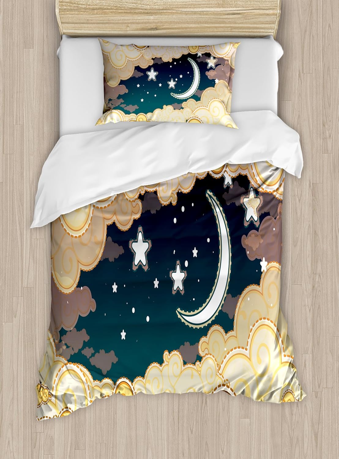 Fantasy Decor Duvet Cover Set by Ambesonne, Cartoon Style Night Sky with Clouds and Half Moon Cloudscape Illustration, 2 Piece Bedding Set with 1 Pillow Sham, Twin / Twin XL Size, Yellow Beige White
