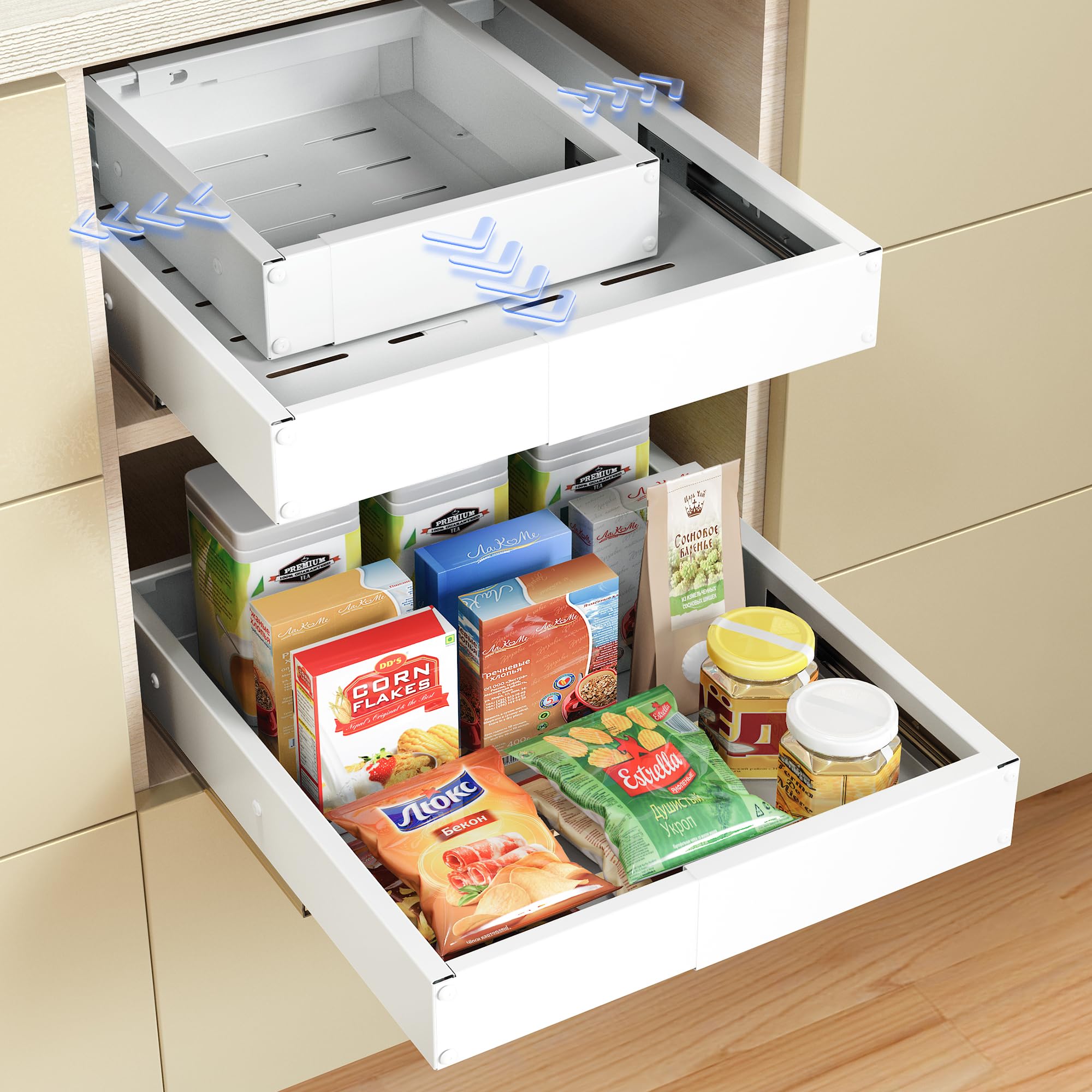Photo 1 of 2 Pack Pull Out Drawers for Cabinets, Slide Out Drawer Expandable Width (10"-15") and Depth (11"-17") With 3 Slides, Fixed with Adhesive Film & Nail for Cabinets in Kitchen, Pantry or Bathroom - White