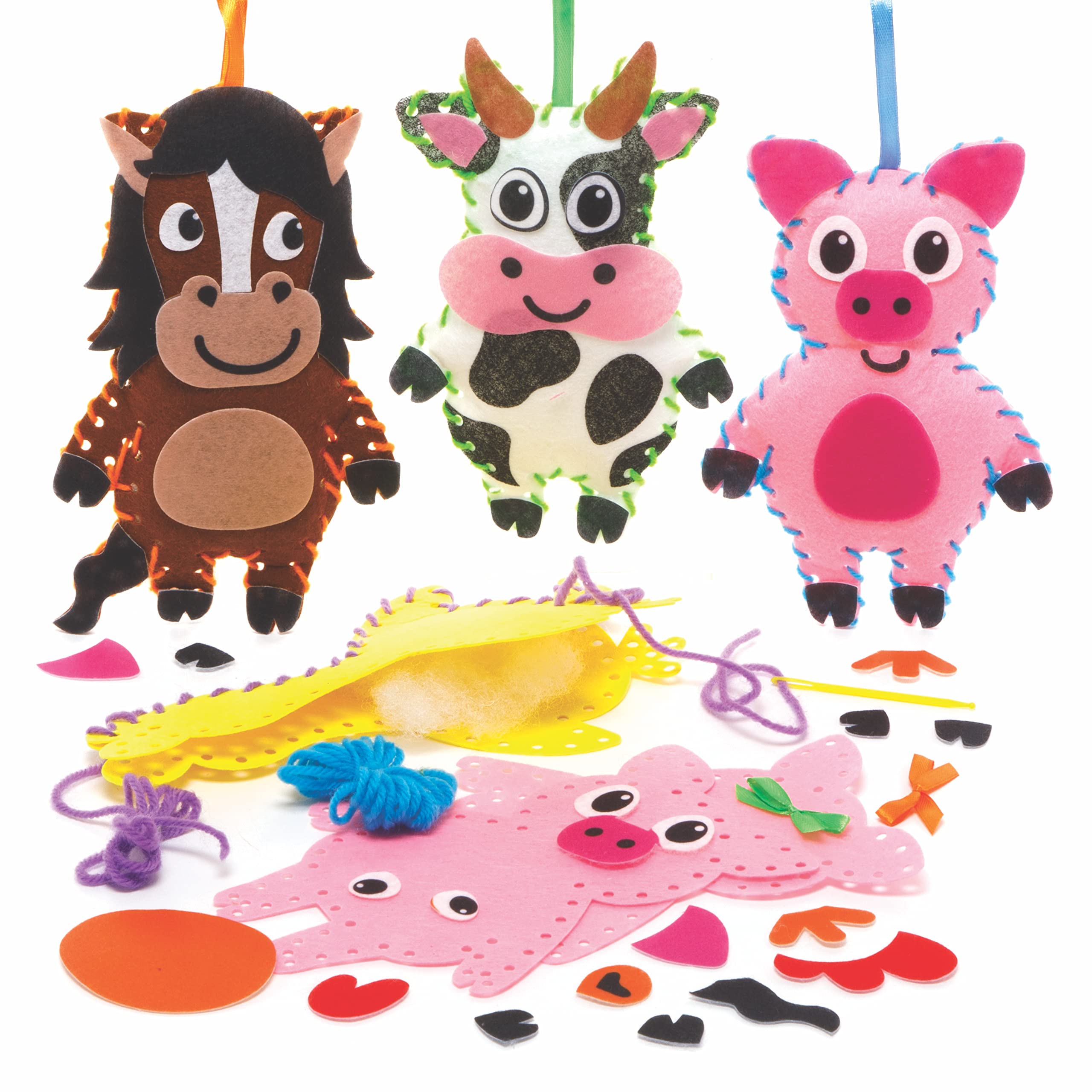 Baker Ross FE539 Farm Animal Sewing Decoration Kits - Pack of 4, Sewing Set for Children, Creative Activities for Kids, Ideal Arts and Crafts Project