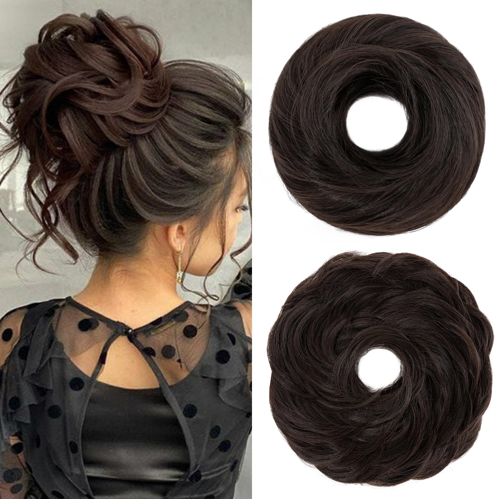 S-Noilite Messy Buns Hair Pieces Curly Hair Scrunchies for Women Donut Updo Hair Chignons Synthetic Ponytail Bun Extensions - Dark Brown