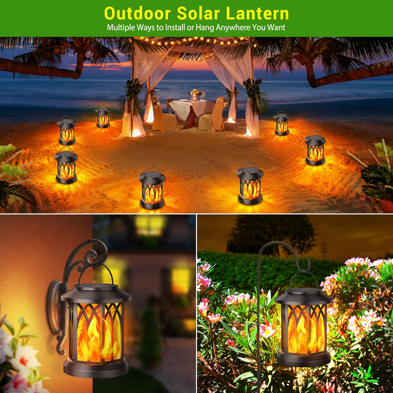 KOOPER 4 Pack Solar Lantern Outdoor Lights, Upgraded Flickering Flame Solar Lanterns Lights Outdoor Waterproof, Hanging Lantern Decorative, Solar Powered Lanterns for Yard Patio Path Tree Garden Decor
