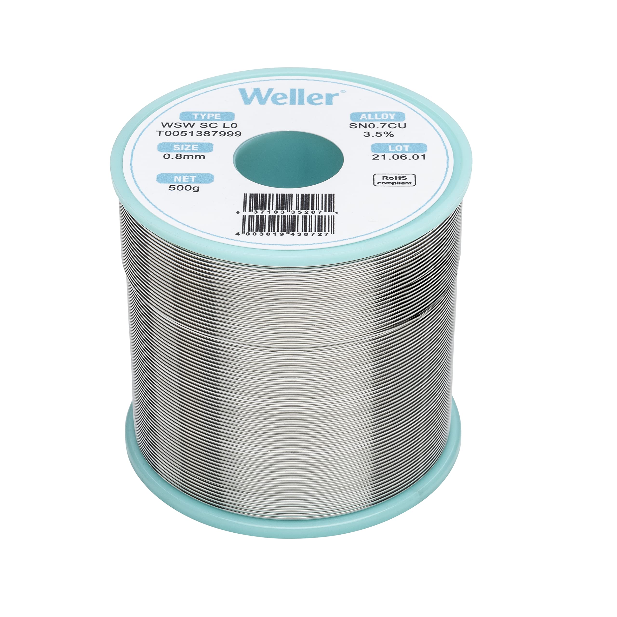 Weller WSW SC L0 (T0051387999) Lead Free Solder Wire, Ø 0.8mm, Alloy Sn99.3Cu0.7, Flux Content 3.5%, 500g