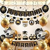 Graduation Decorations Class of 2026, 12Pcs Black and Gold balloons with Swirl and Garland Congrats Grad 2026 Banner for College High School Graduation Party Supplies